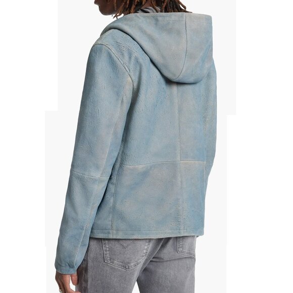 John Varvatos Collection Men's Mateo Hooded Jacket Distressed Sheep Leather Blue - Picture 2 of 7